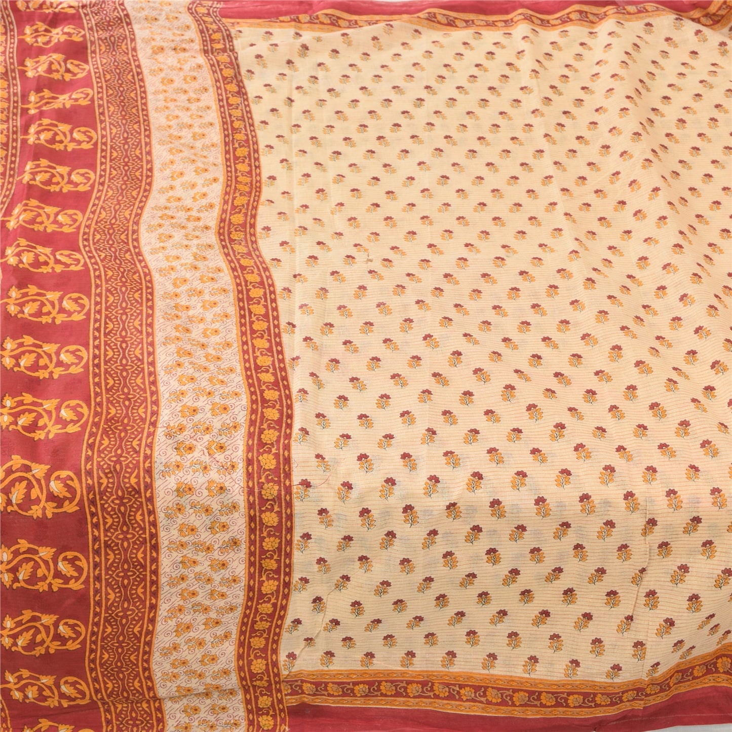 Sanskriti Vintage Sarees Peach/Red Pure Cotton Printed Sari Floral Craft Fabric