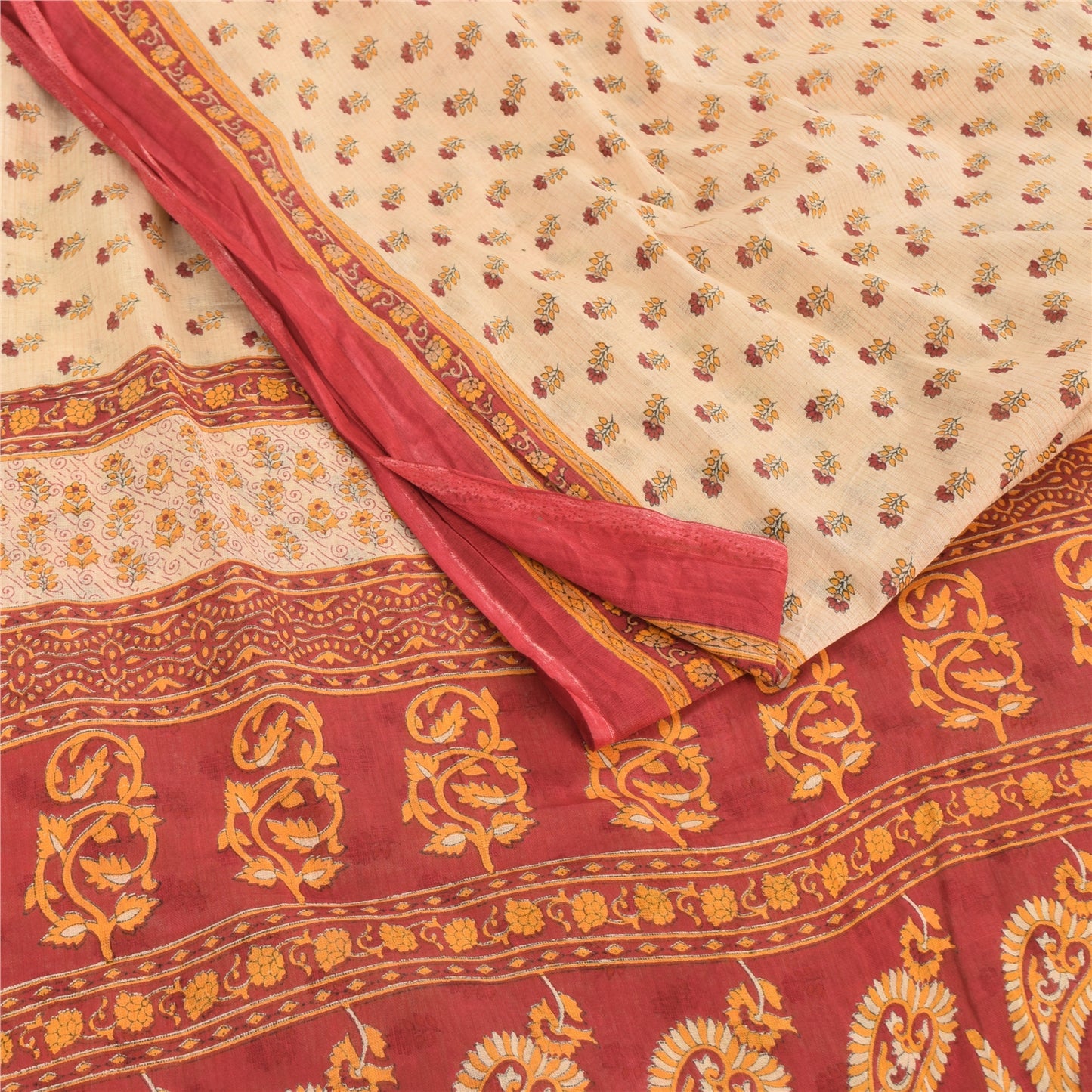 Sanskriti Vintage Sarees Peach/Red Pure Cotton Printed Sari Floral Craft Fabric