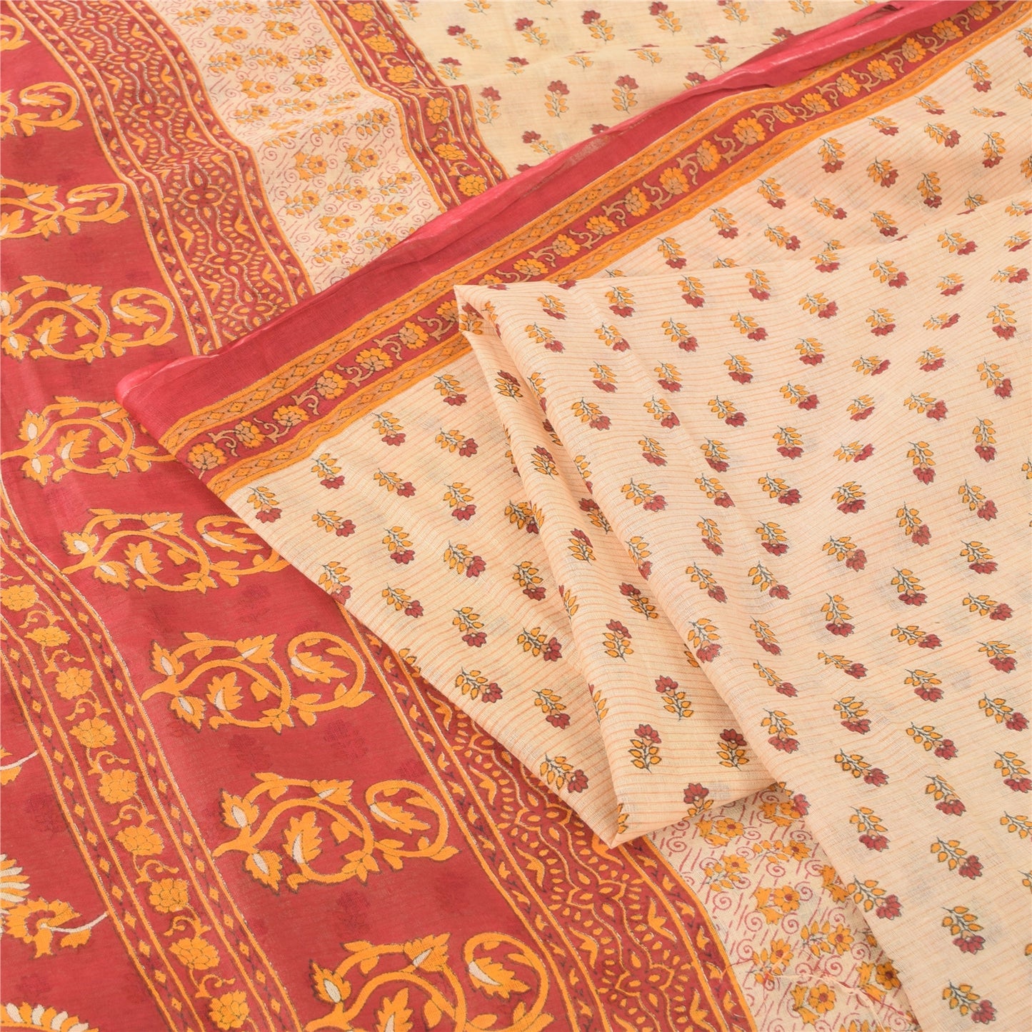 Sanskriti Vintage Sarees Peach/Red Pure Cotton Printed Sari Floral Craft Fabric