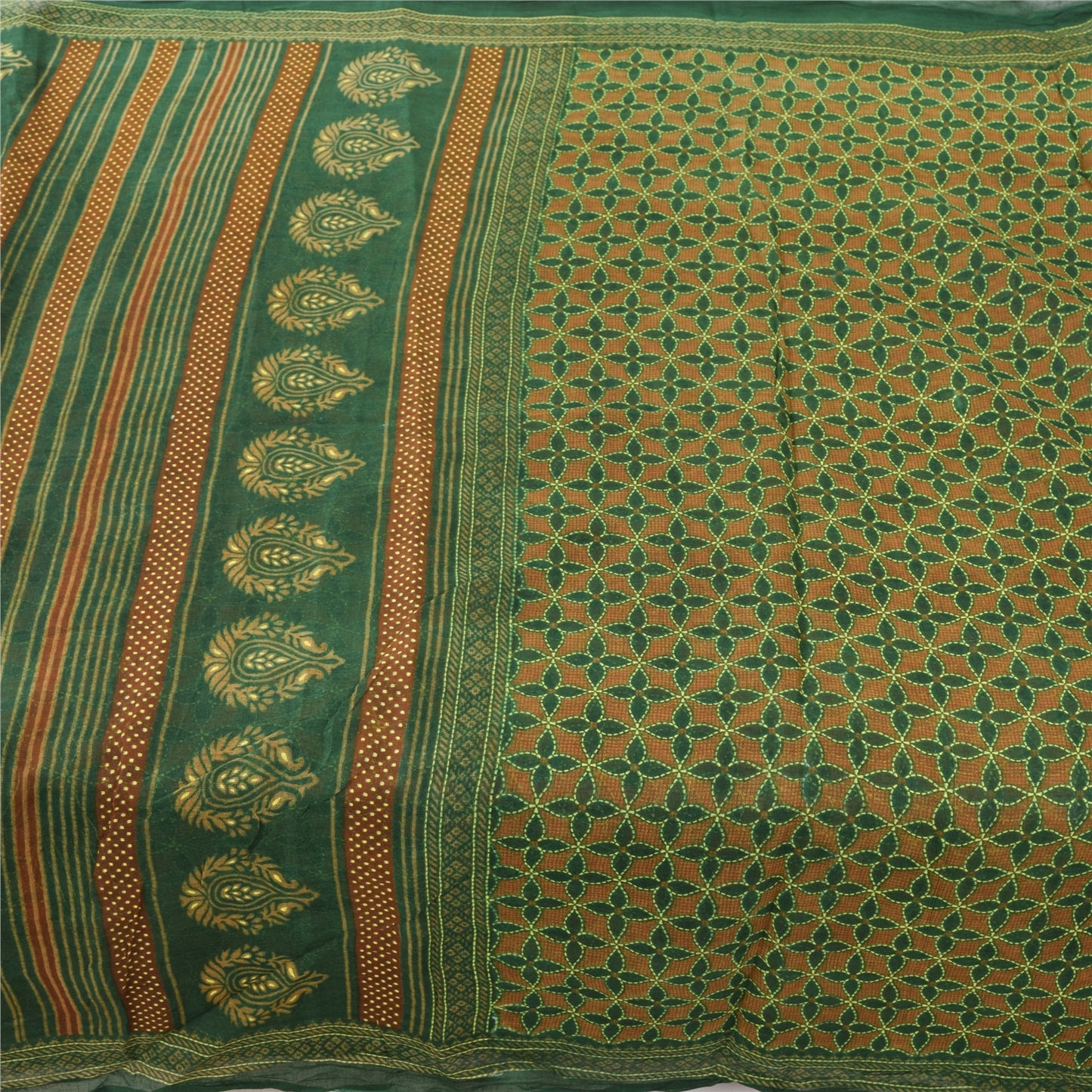 Sanskriti Vintage Sarees Green/Orange Kantha Printed Pure Cotton Sari 5yd Fabric