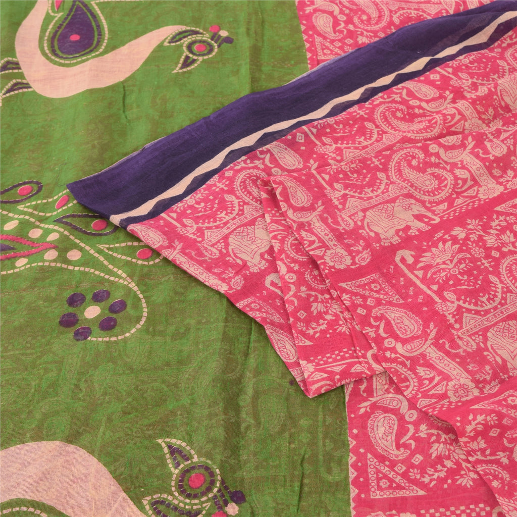 Sanskriti Vintage Sarees Pink Pure Cotton Peacock Printed Sari 5yd Craft Fabric