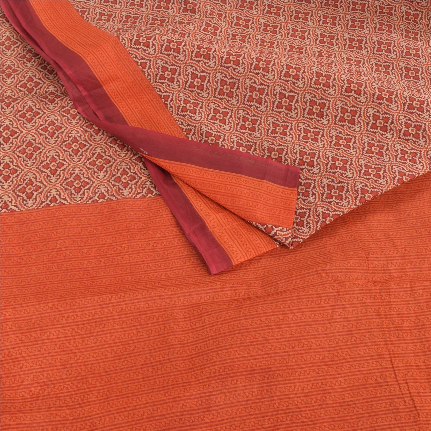 Sanskriti Vintage Sarees Red/Orange Pure Cotton Printed Sari 5yd Craft Fabric