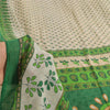 Sanskriti Vintage Sarees Ivory/Green Pure Cotton Printed Sari 5yd Craft Fabric