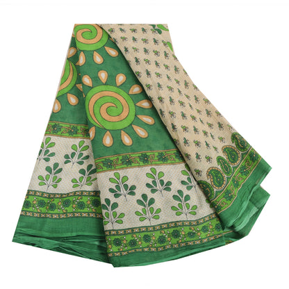 Sanskriti Vintage Sarees Ivory/Green Pure Cotton Printed Sari 5yd Craft Fabric