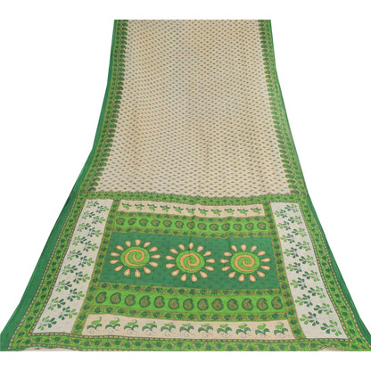 Sanskriti Vintage Sarees Ivory/Green Pure Cotton Printed Sari 5yd Craft Fabric