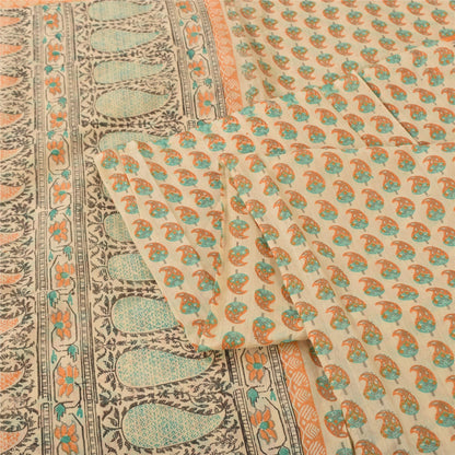 Sanskriti Vintage Sarees Peach Hand Block Printed Cotton Silk Sari 6yd Fabric