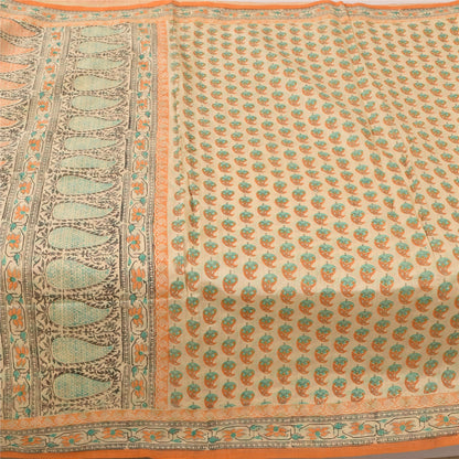 Sanskriti Vintage Sarees Peach Hand Block Printed Cotton Silk Sari 6yd Fabric