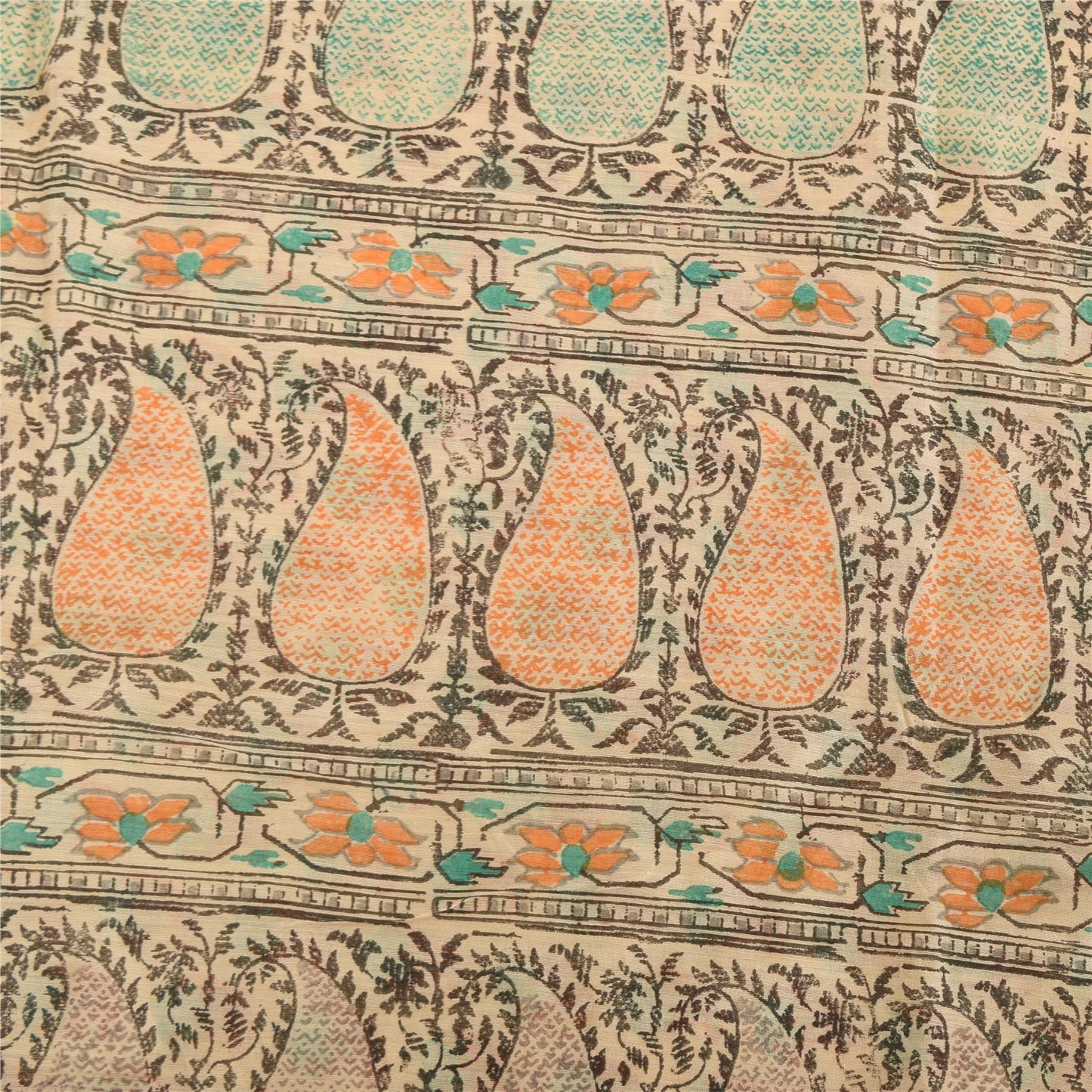 Sanskriti Vintage Sarees Peach Hand Block Printed Cotton Silk Sari 6yd Fabric