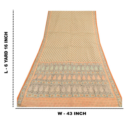 Sanskriti Vintage Sarees Peach Hand Block Printed Cotton Silk Sari 6yd Fabric