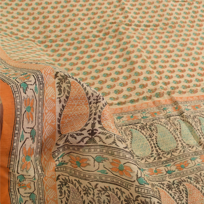 Sanskriti Vintage Sarees Peach Hand Block Printed Cotton Silk Sari 6yd Fabric