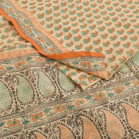 Sanskriti Vintage Sarees Peach Hand Block Printed Cotton Silk Sari 6yd Fabric