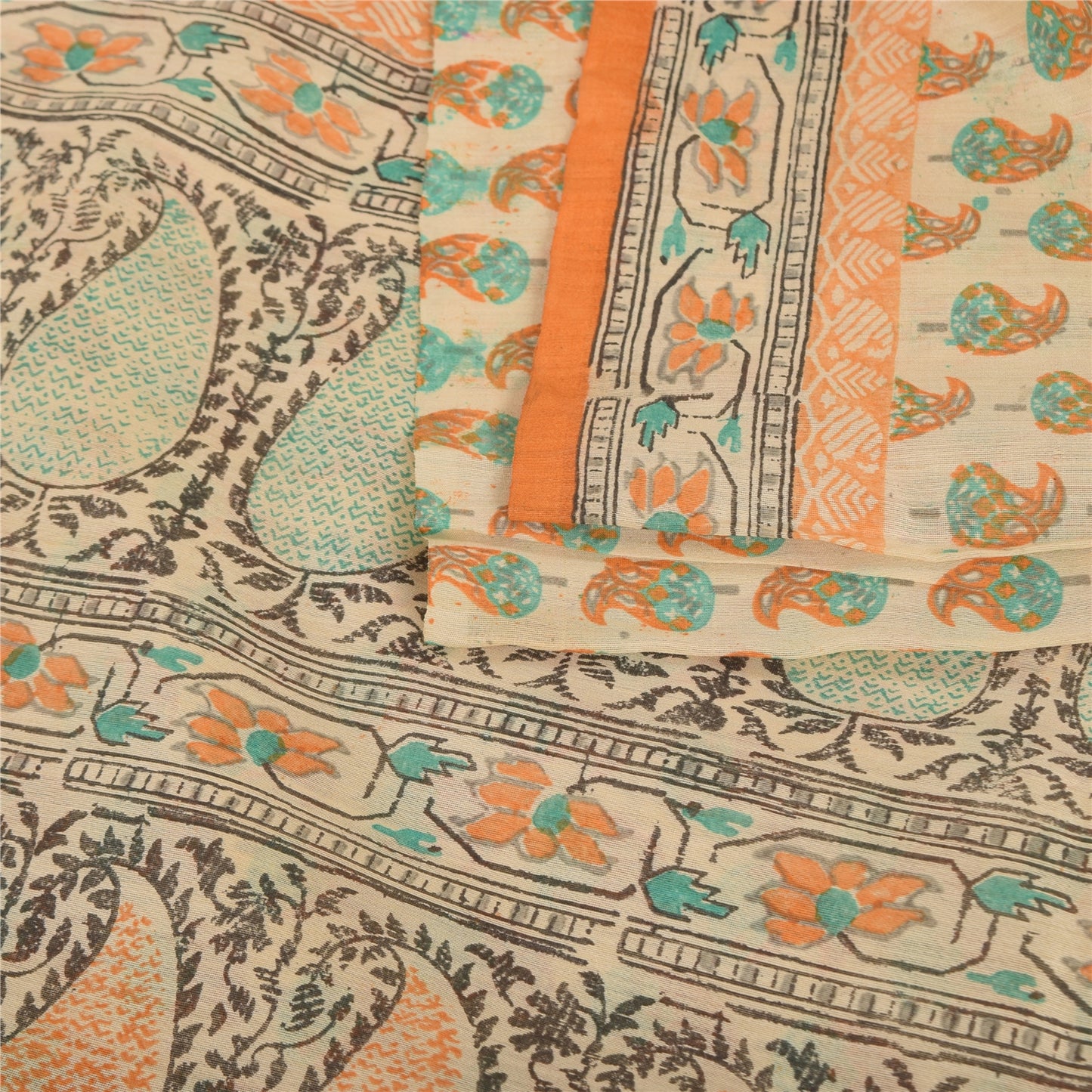 Sanskriti Vintage Sarees Peach Hand Block Printed Cotton Silk Sari 6yd Fabric