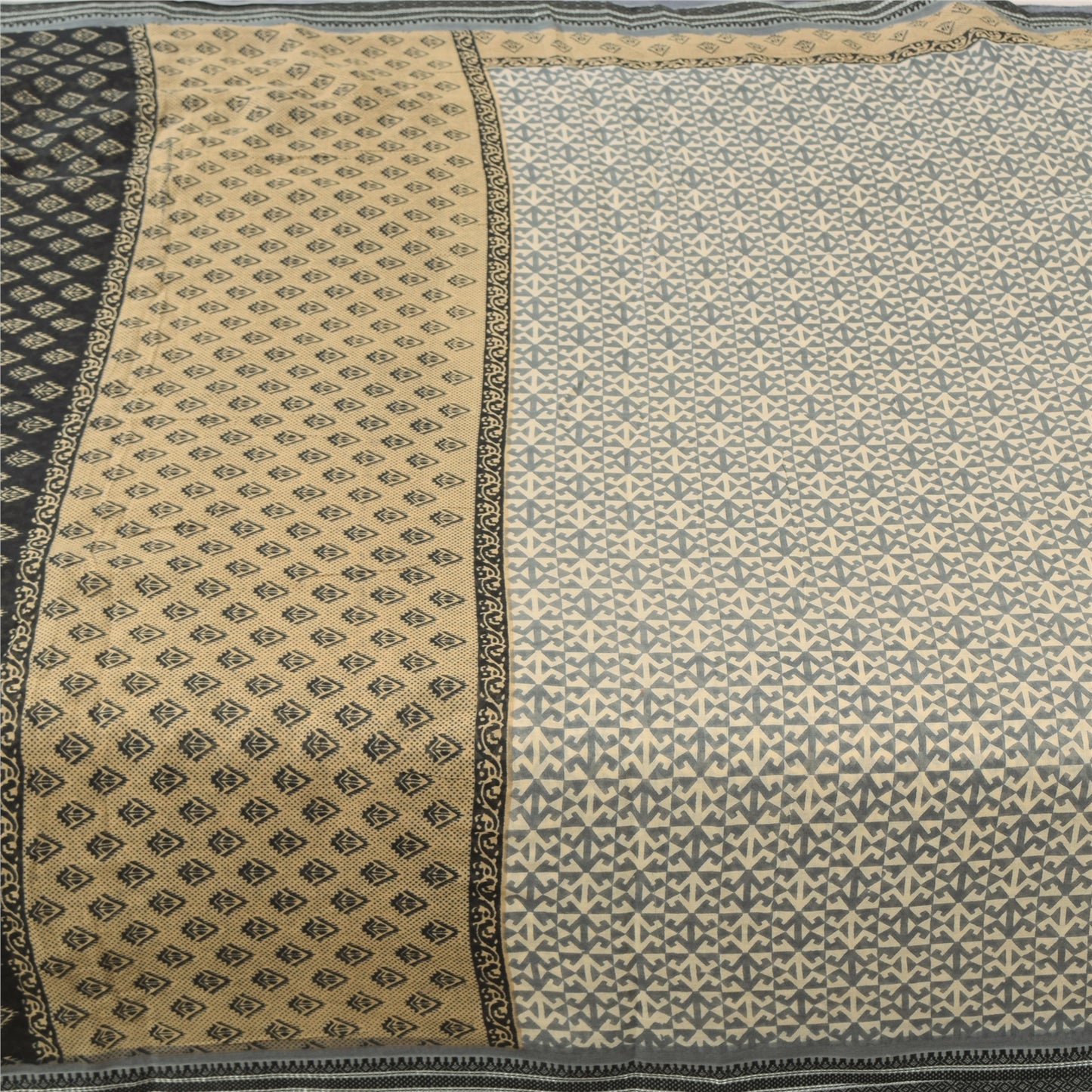 Sanskriti Vintage Sarees Ivory/Gray Pure Cotton Printed Sari 5yd Craft Fabric