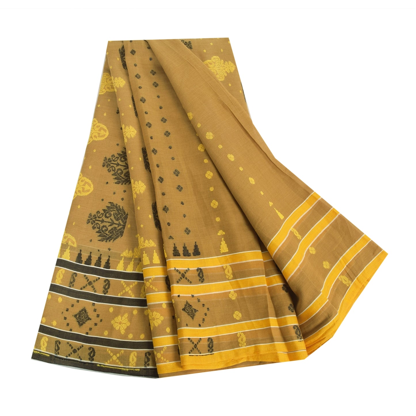 Sanskriti Vintage Sarees Brown Tant Hand Woven Pure Cotton Sari 5yd Craft Fabric