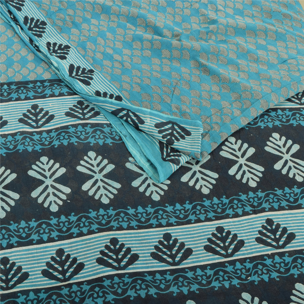 Sanskriti Vintage Sarees Indian Blue Pure Cotton Printed Sari 5yd Craft Fabric