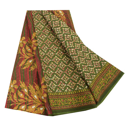 Sanskriti Vintage Sarees Indian Green Pure Cotton Printed Sari 5yd Craft Fabric