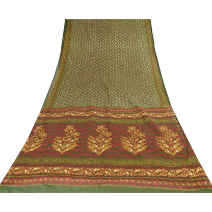 Sanskriti Vintage Sarees Indian Green Pure Cotton Printed Sari 5yd Craft Fabric