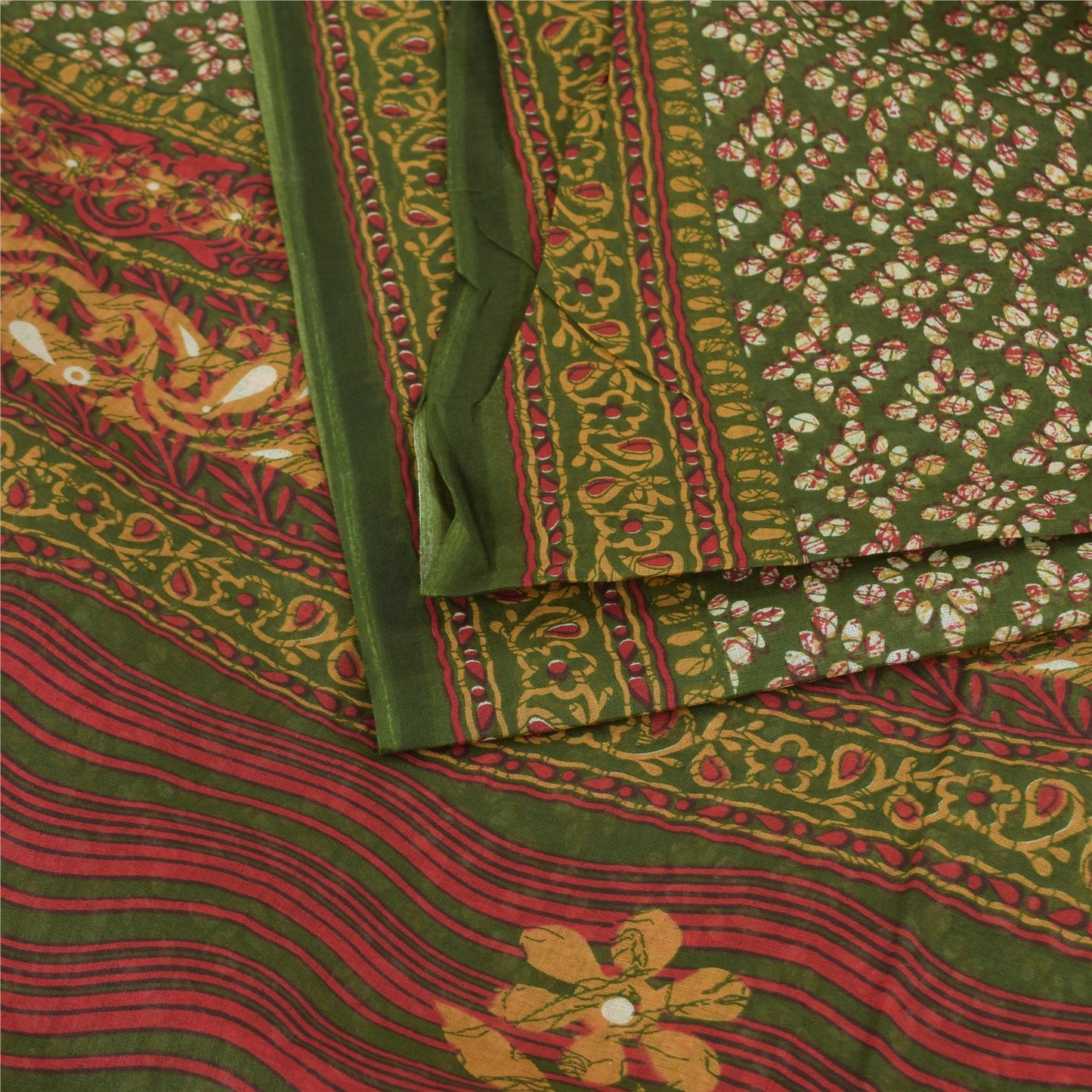 Sanskriti Vintage Sarees Indian Green Pure Cotton Printed Sari 5yd Craft Fabric