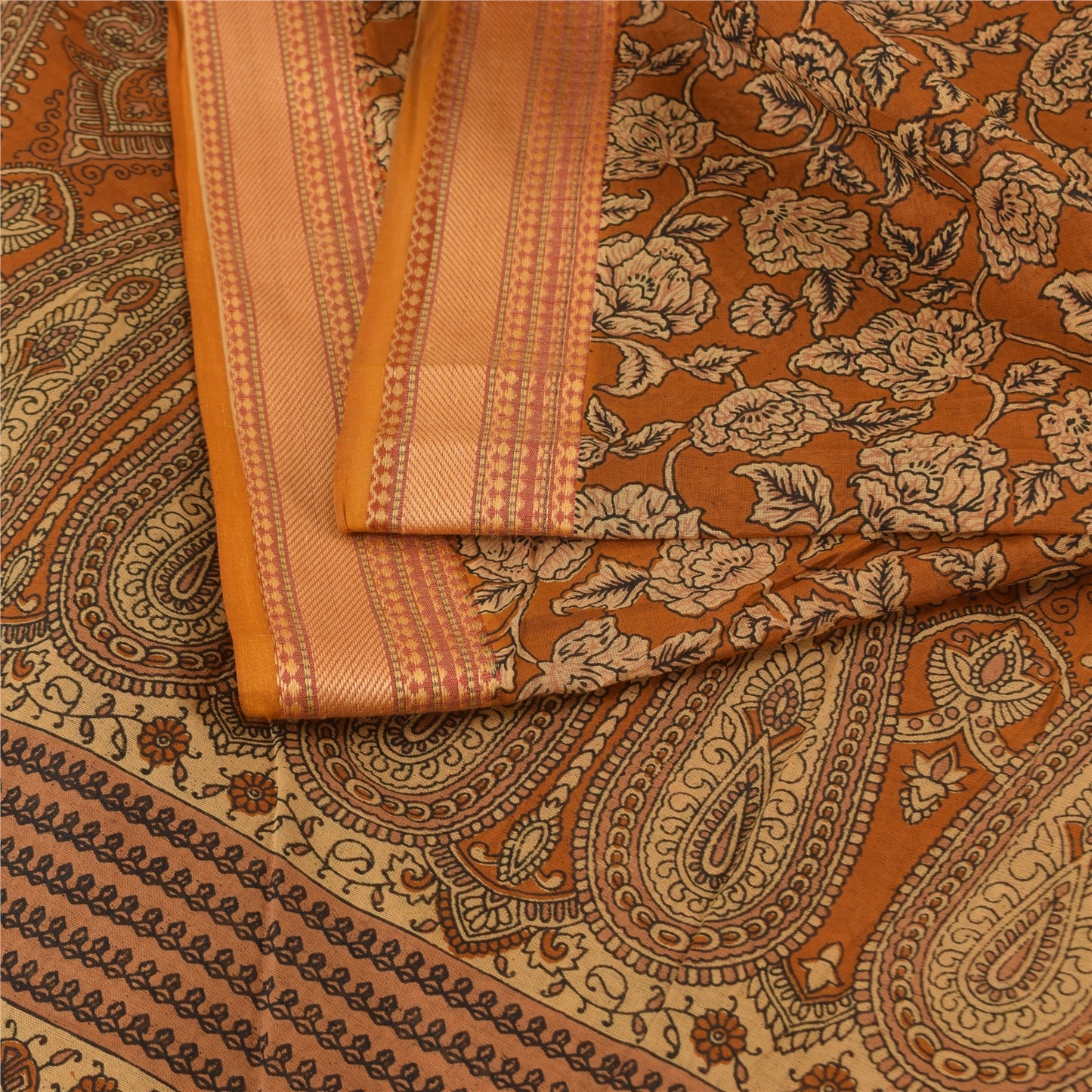 Sanskriti Vintage Sarees Indian Orange Pure Cotton Printed Sari 5yd Craft Fabric