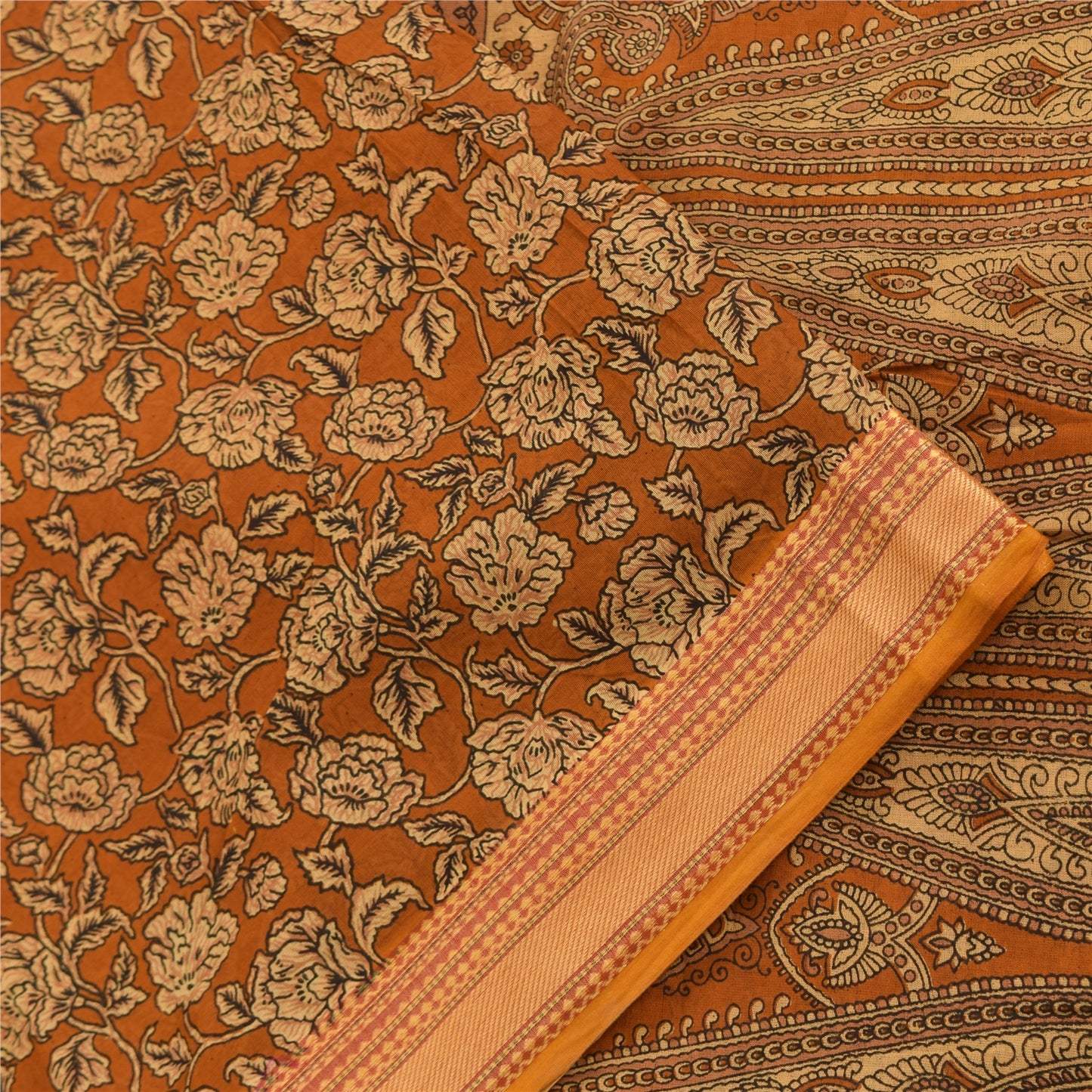 Sanskriti Vintage Sarees Indian Orange Pure Cotton Printed Sari 5yd Craft Fabric