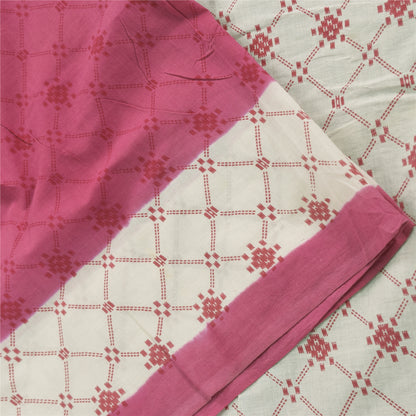 Sanskriti Vintage Sarees Pink/White Pure Cotton Printed Sari 5yd Craft Fabric