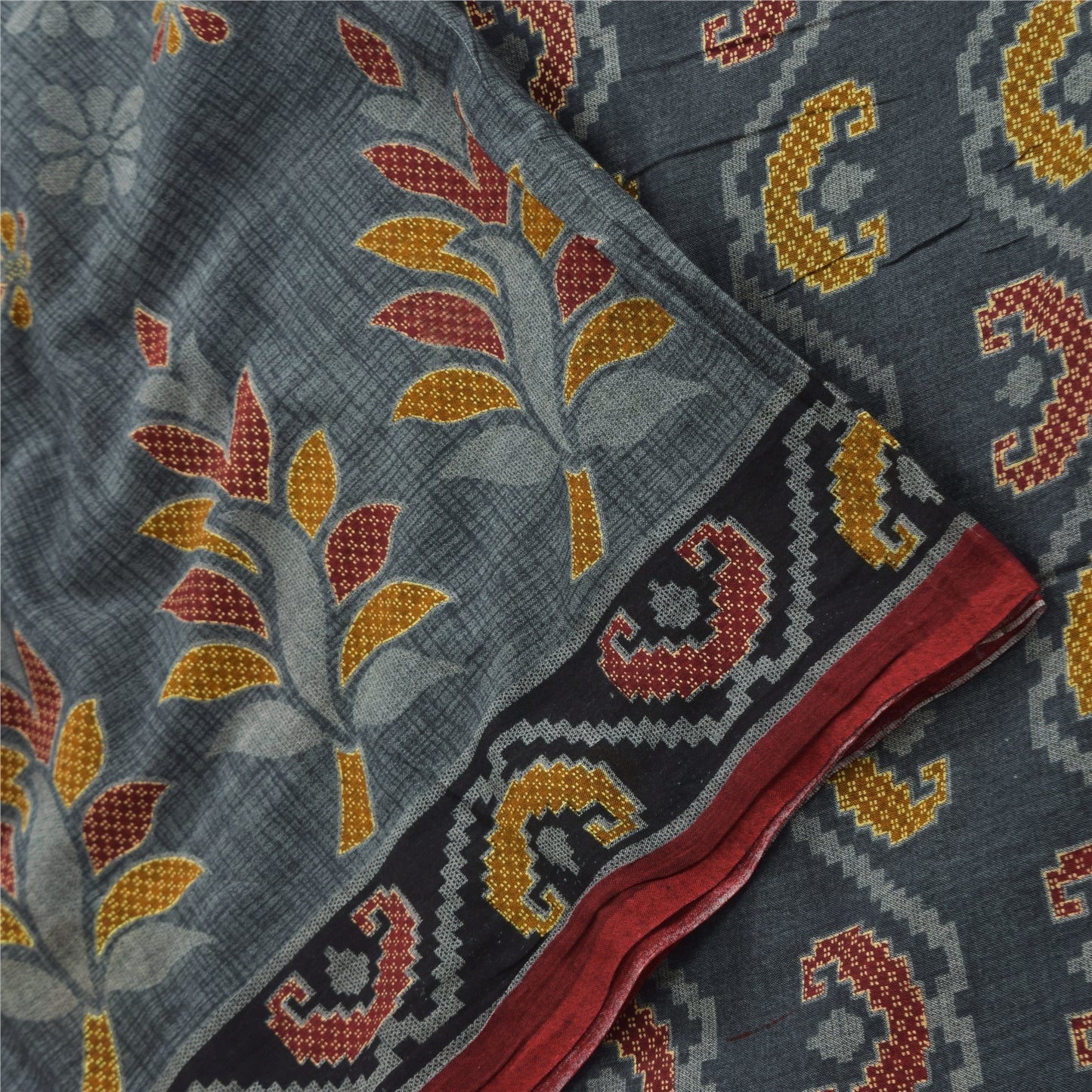 Sanskriti Vintage Sarees Grayish-Blue Pure Cotton Printed Sari 5yd Craft Fabric