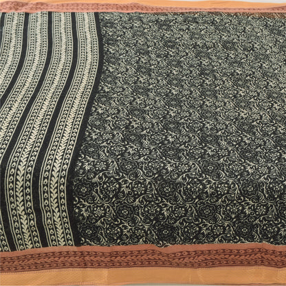 Sanskriti Vintage Sarees Indian Black Pure Cotton Printed Sari 5yd Craft Fabric