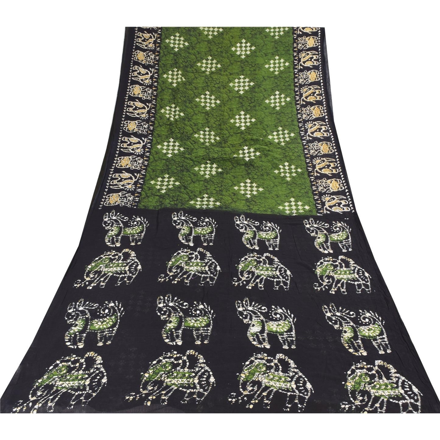 Sanskriti Vintage Sarees Green/Black Batik Work Pure Cotton Sari Craft Fabric