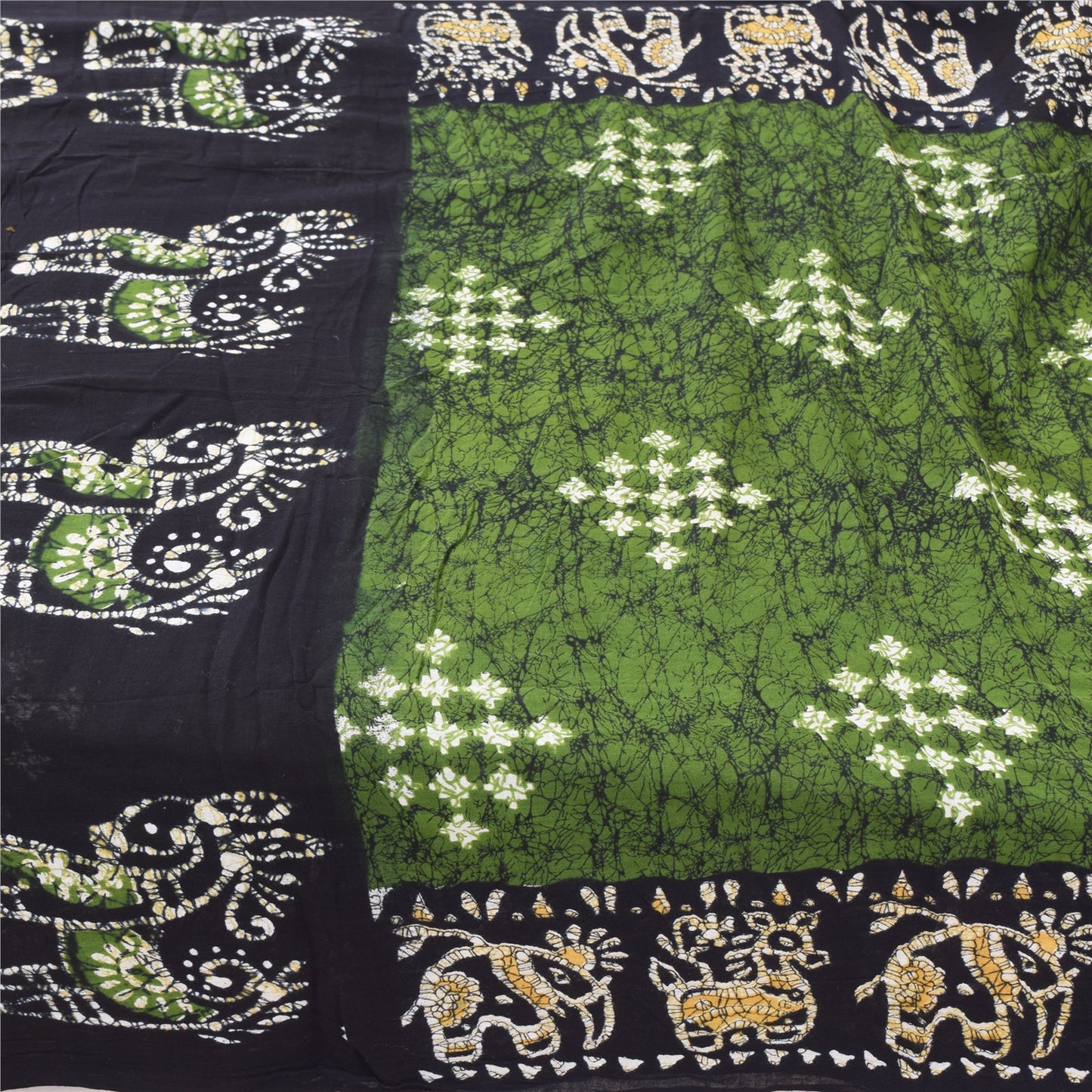 Sanskriti Vintage Sarees Green/Black Batik Work Pure Cotton Sari Craft Fabric