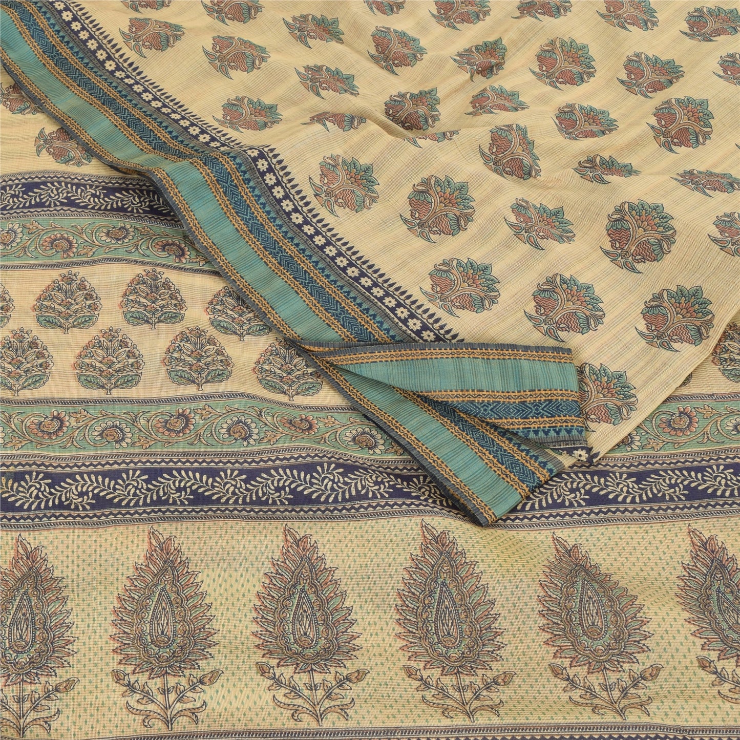 Sanskriti Vintage Sarees Indian Cream Pure Cotton Printed Sari 5yd Craft Fabric