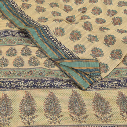 Sanskriti Vintage Sarees Indian Cream Pure Cotton Printed Sari 5yd Craft Fabric