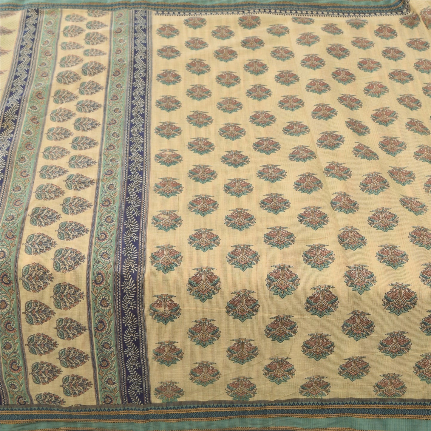 Sanskriti Vintage Sarees Indian Cream Pure Cotton Printed Sari 5yd Craft Fabric