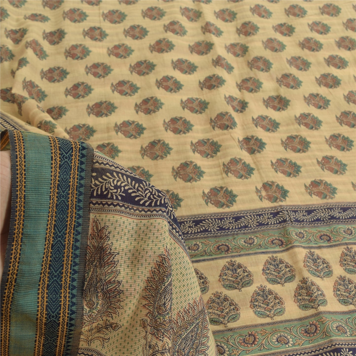 Sanskriti Vintage Sarees Indian Cream Pure Cotton Printed Sari 5yd Craft Fabric