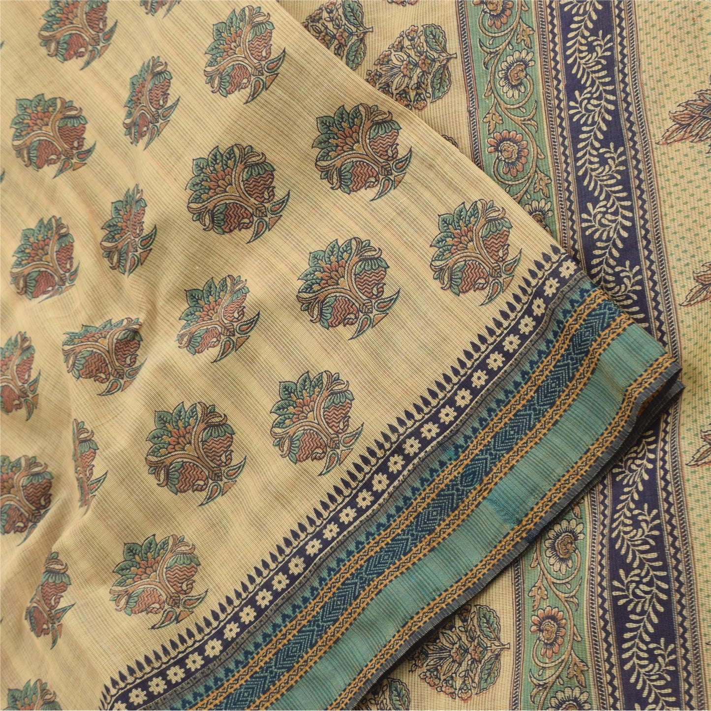 Sanskriti Vintage Sarees Indian Cream Pure Cotton Printed Sari 5yd Craft Fabric