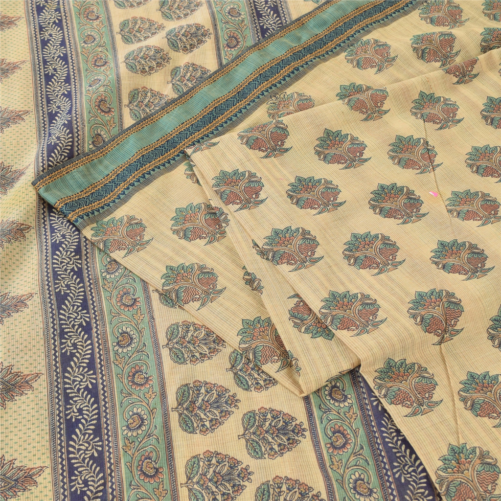 Sanskriti Vintage Sarees Indian Cream Pure Cotton Printed Sari 5yd Craft Fabric