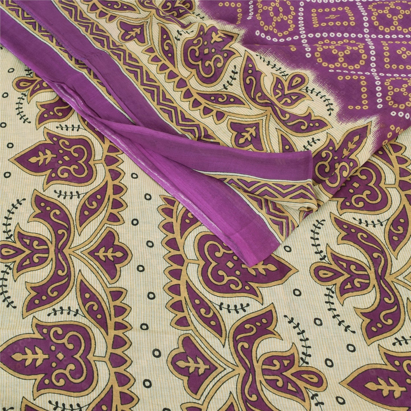 Sanskriti Vintage Sarees Purple Bandhani Print Pure Cotton Sari 5yd Craft Fabric