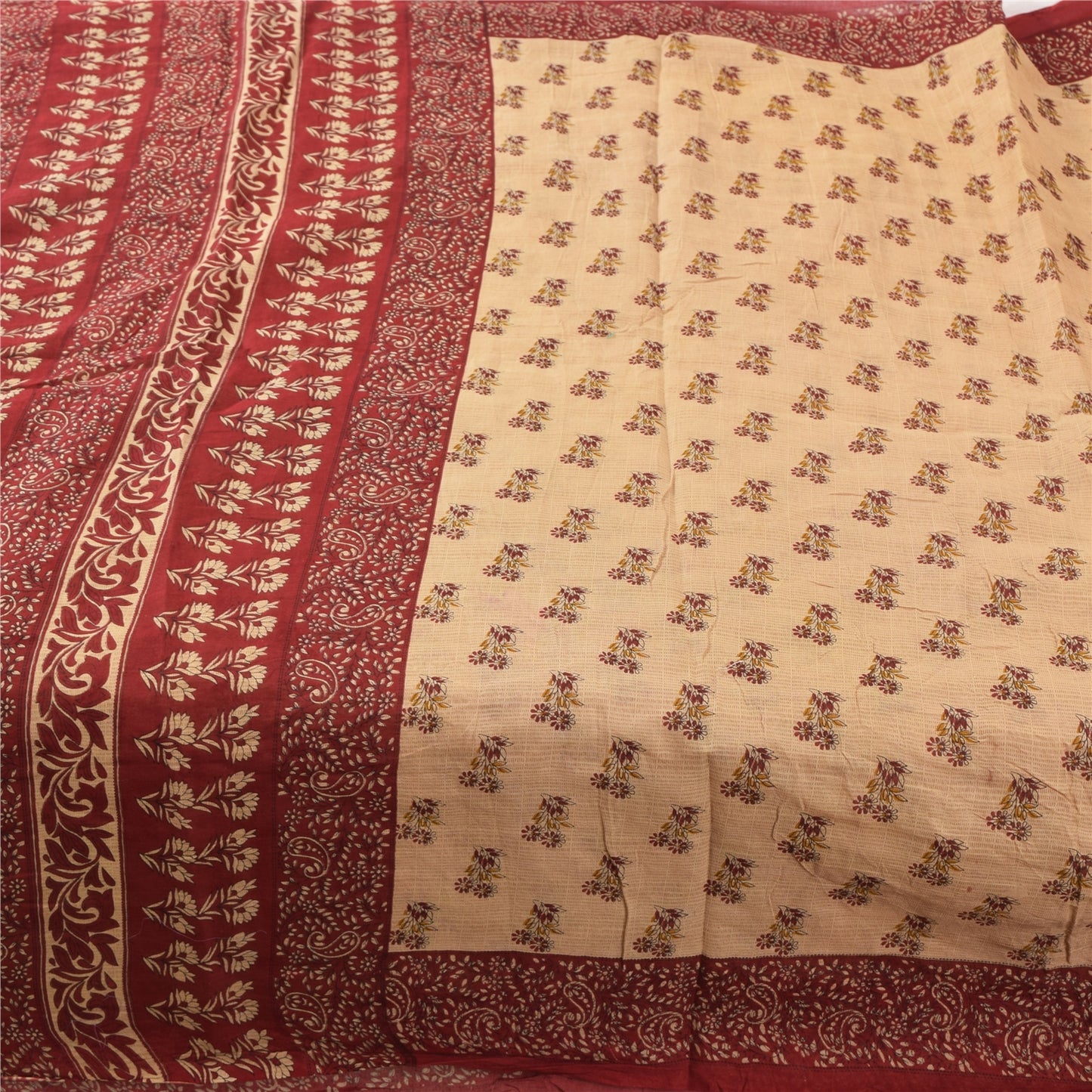 Sanskriti Vintage Sarees Peach/Red Pure Cotton Printed Sari Floral Craft Fabric