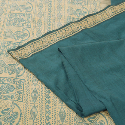 Sanskriti Vintage Sarees Green Baluchari Woven Pure Cotton Sari 5yd Craft Fabric