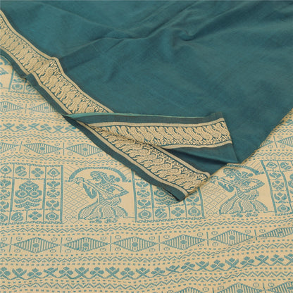 Sanskriti Vintage Sarees Green Baluchari Woven Pure Cotton Sari 5yd Craft Fabric