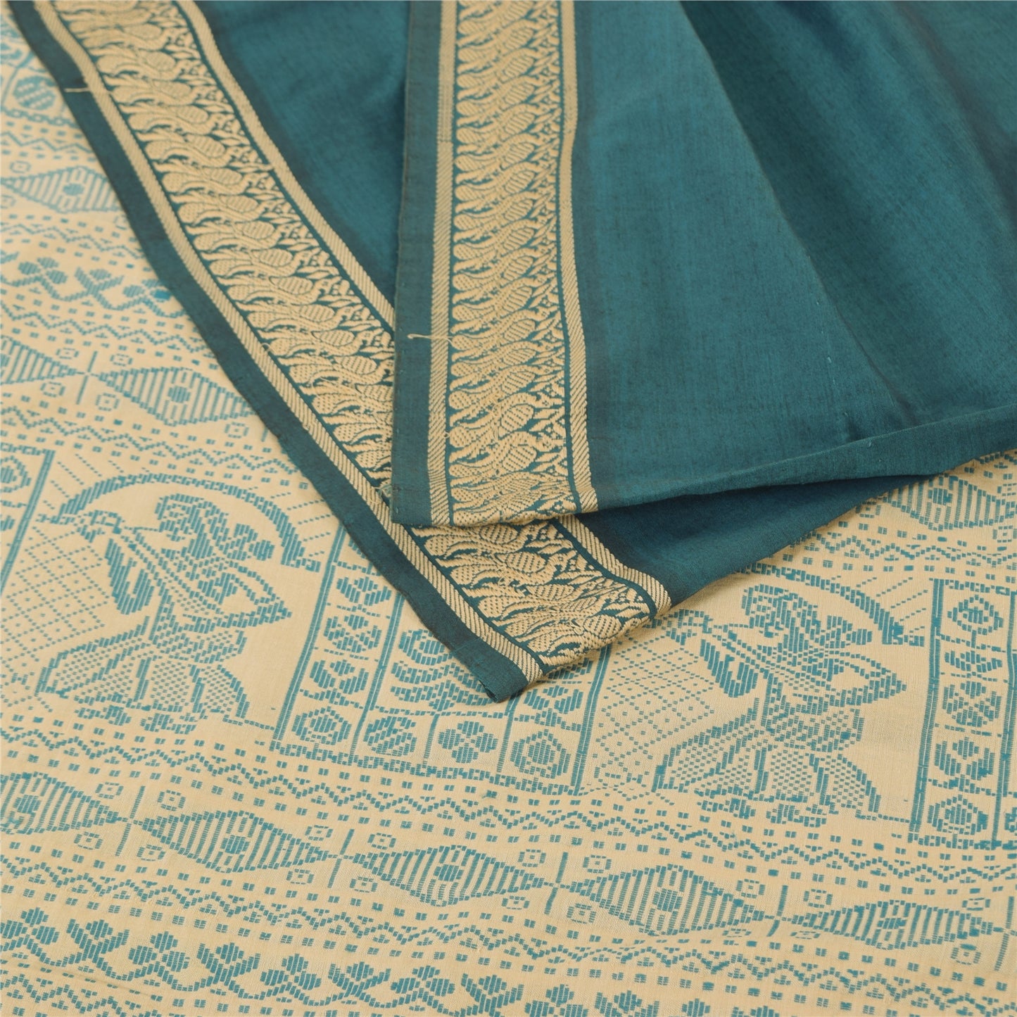 Sanskriti Vintage Sarees Green Baluchari Woven Pure Cotton Sari 5yd Craft Fabric