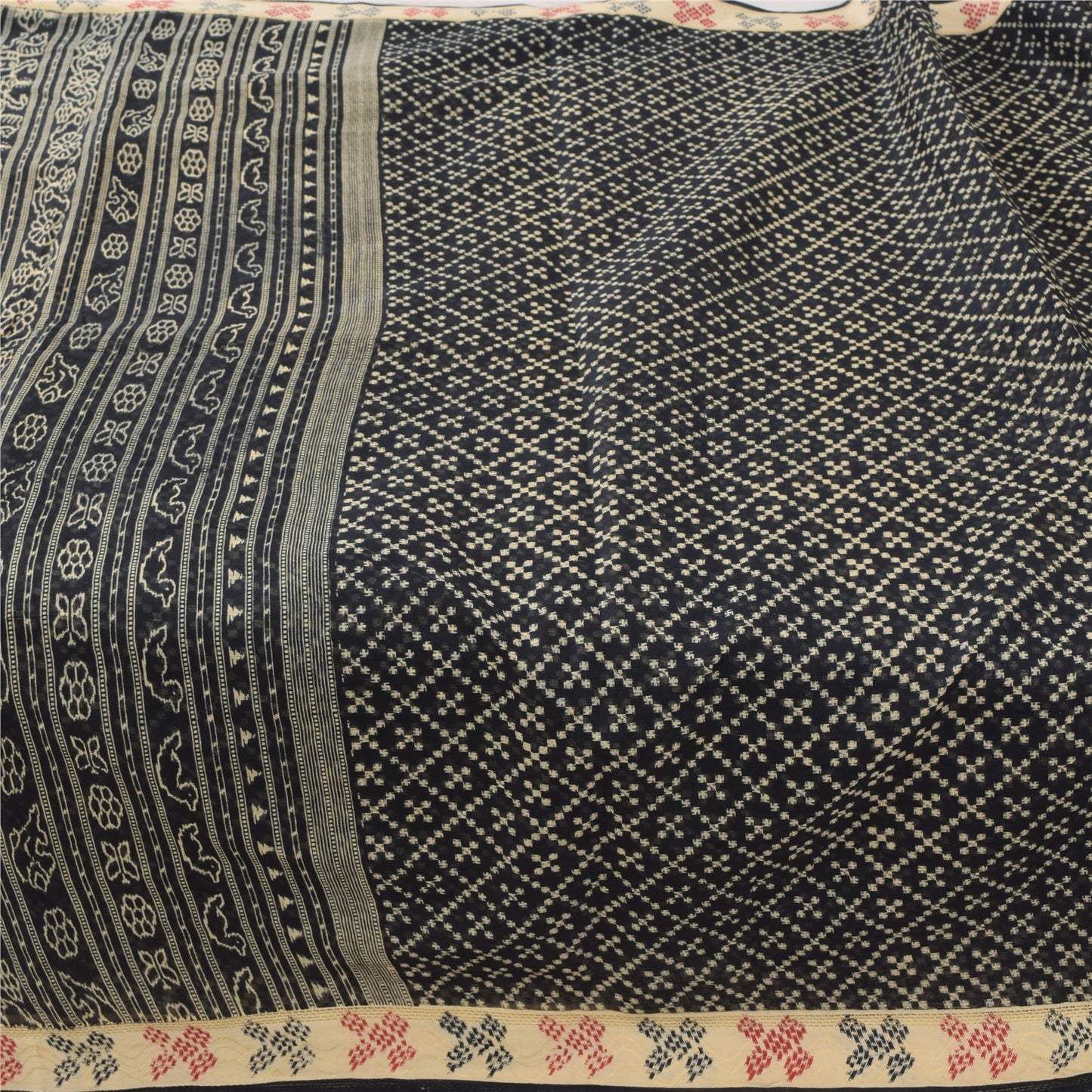 Sanskriti Vintage Sarees Black Ikat Hand Woven Pure Cotton Sari 5yd Craft Fabric