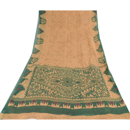 Sanskriti Vintage Sarees Peach/Green Pure Cotton Printed Sari 5yd Craft Fabric