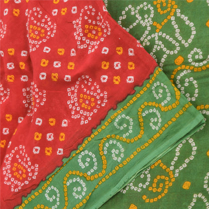 Sanskriti Vintage Sarees Red/Green Bandhani Pure Cotton Printed Sari 5yd Fabric