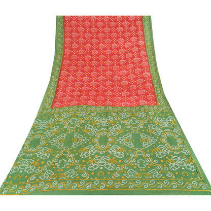 Sanskriti Vintage Sarees Red/Green Bandhani Pure Cotton Printed Sari 5yd Fabric