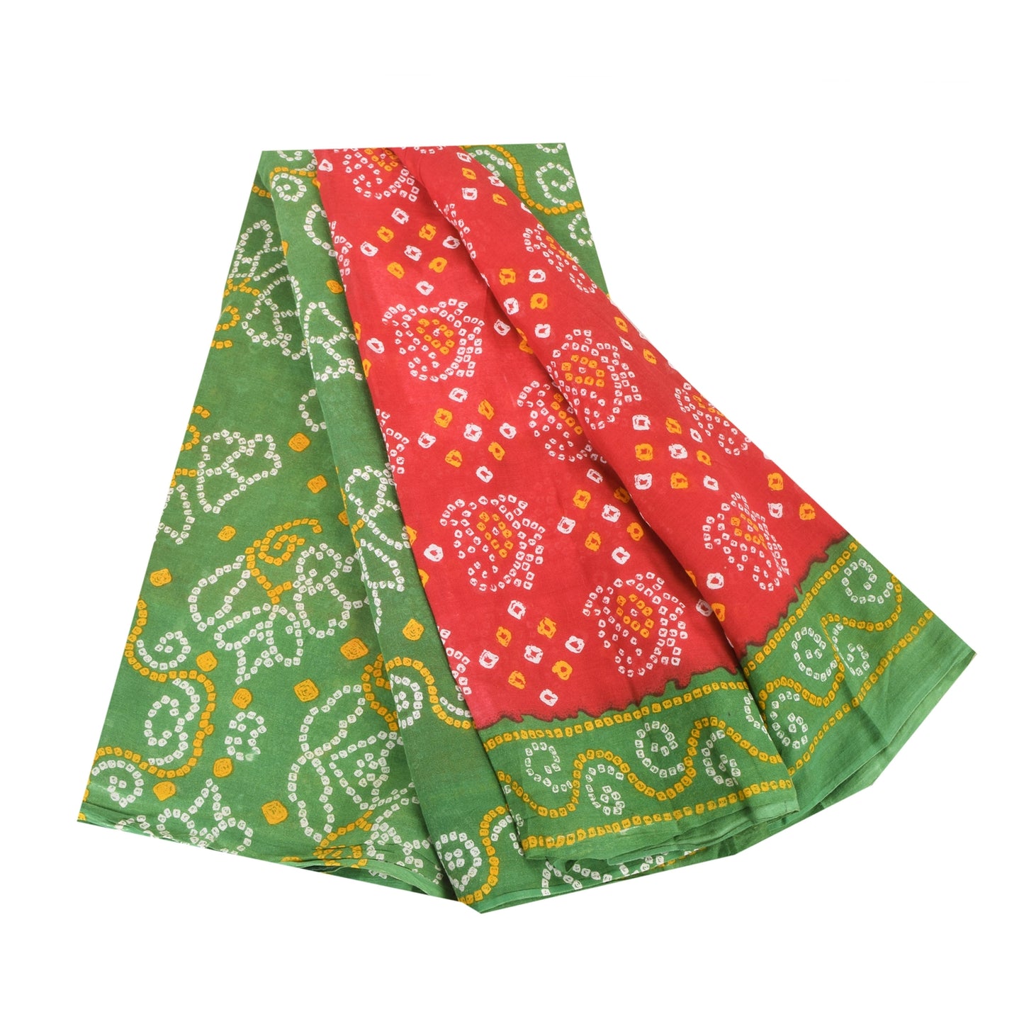 Sanskriti Vintage Sarees Red/Green Bandhani Pure Cotton Printed Sari 5yd Fabric