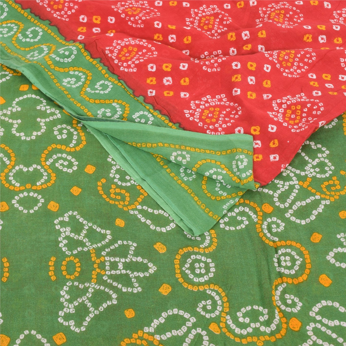 Sanskriti Vintage Sarees Red/Green Bandhani Pure Cotton Printed Sari 5yd Fabric