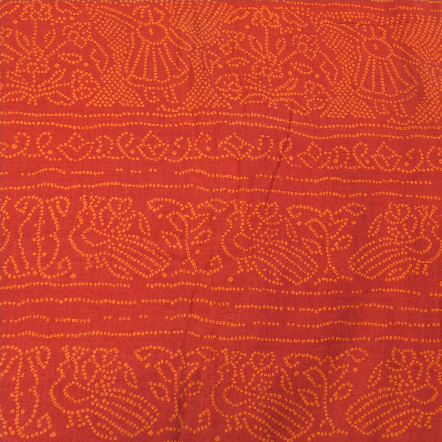 Sanskriti Vintage Sarees Orange Bandhani Print Peacock Pure Cotton Sari Fabric