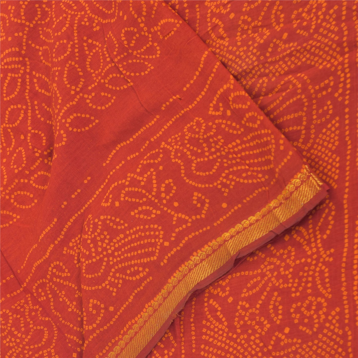 Sanskriti Vintage Sarees Orange Bandhani Print Peacock Pure Cotton Sari Fabric