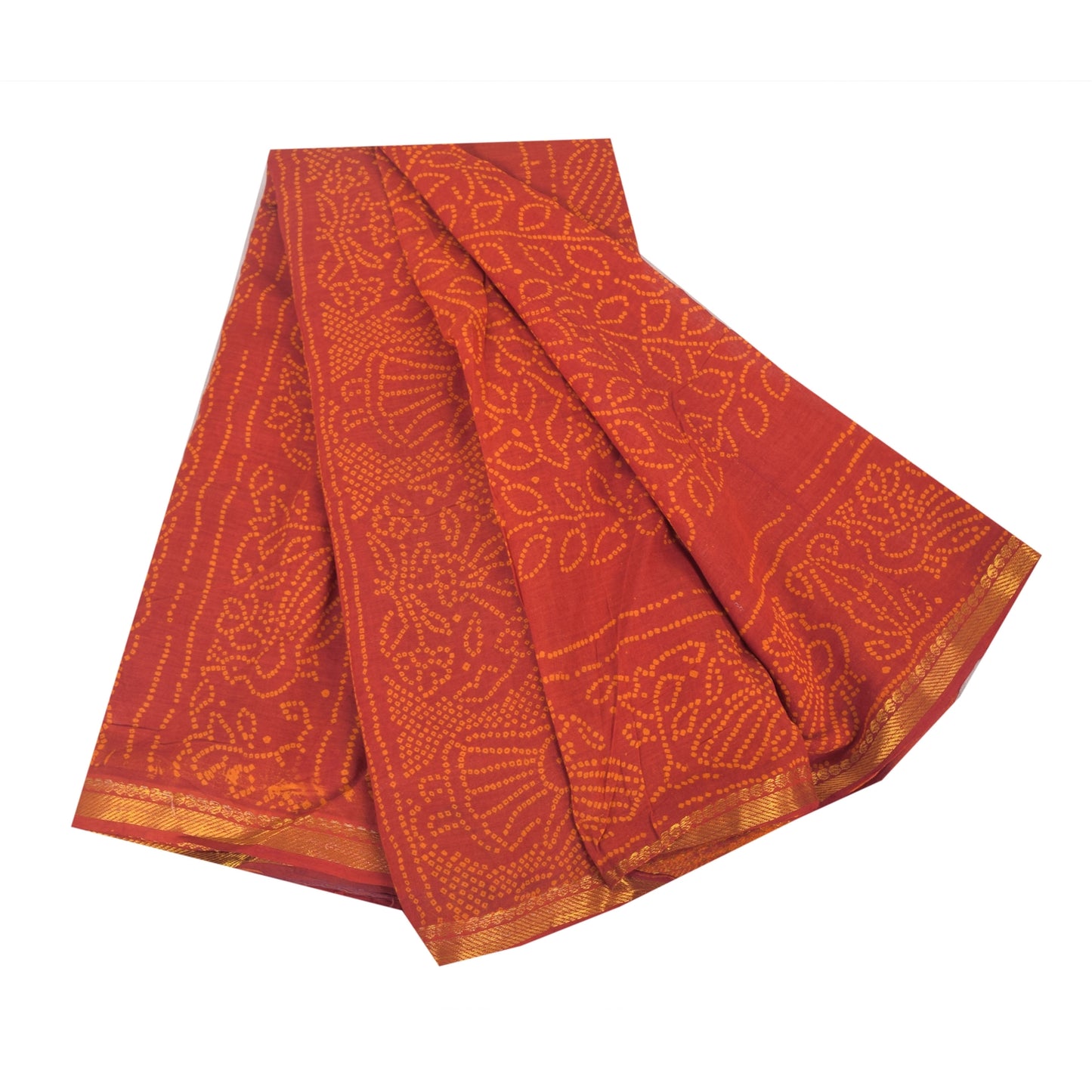 Sanskriti Vintage Sarees Orange Bandhani Print Peacock Pure Cotton Sari Fabric