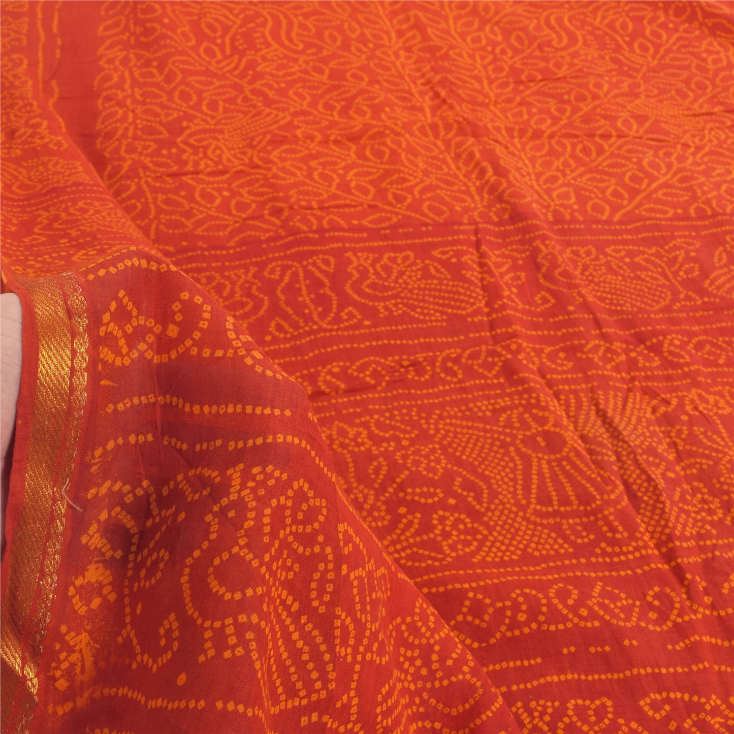 Sanskriti Vintage Sarees Orange Bandhani Print Peacock Pure Cotton Sari Fabric